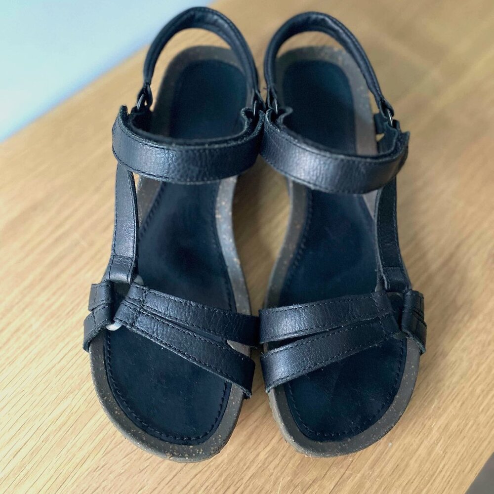 Teva Black Leather Cabrillo Wedge Sandals, Size 9